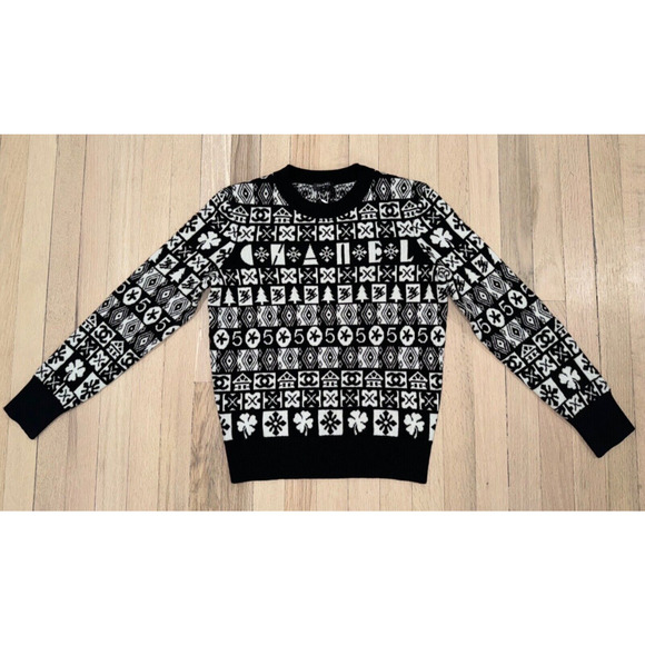 Chanel 19B Coco Neige Ski Black White CC Long Sleeve Cashmere Jumper Sweater 38 - Picture 6 of 16